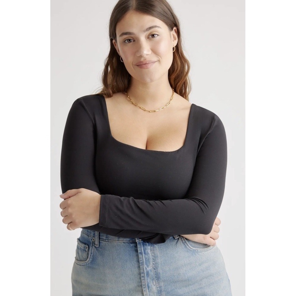 QUINCE Second Skin Square Neck Long Sleeve Bodysuit in Black - Large - Picture 2 of 3